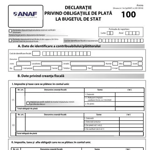 Document preview: Obligațiile de plată la bugetul de stat - D100_OPANAF 587/2016 — Impozite & fiscalitate (CERFA n°D100_OPANAF_57_2026)