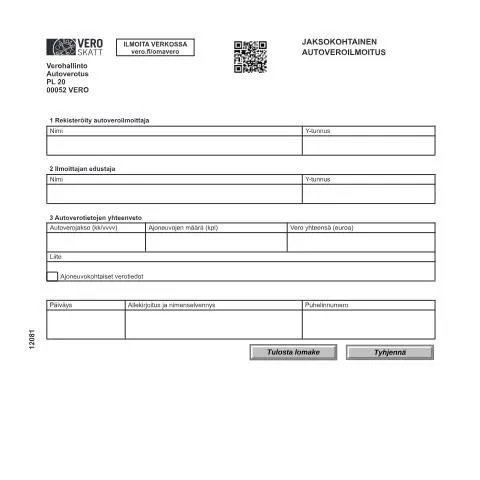 Document preview: Ymmärrä Jaksokohtainen autoveroilmoitus (Vero 1208) — Verot & verotus (CERFA n°Vero 1208)