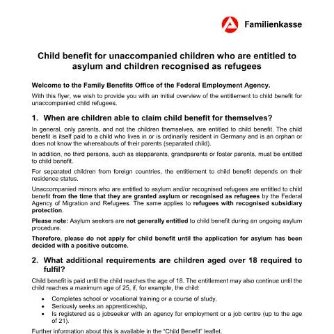 Dokumentvorschau: Wichtige Informationen zum Kindergeld für unbegleitete minderjährige — Familie (CERFA n°kg-en-unbegleitetekinder_ba035085)