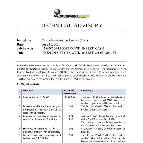 Document preview: Technical Advisory for COVID-19 BEST Cash Grant Application — Health (CERFA n°BEST+Cash+Technical_Advisory_June_15_2020)