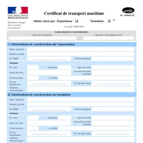 Aperçu du document Formulaire 14934*02 : certification transport maritime français — Démarches administratives (CERFA n°14934*02)