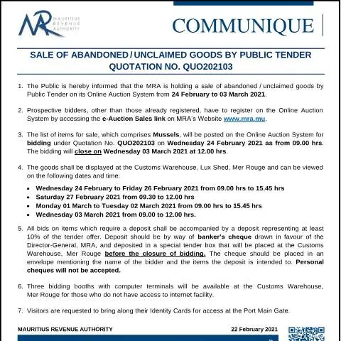 Document preview: Mauritius Public Tender for Sale of Abandoned and Unclaimed Goods 2021 — Government & admin (CERFA n°CommuniqueQ202103)