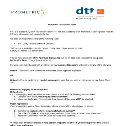Document preview: Interpreter Declaration Form for the Driver Theory Test — Work & employment