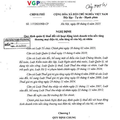 Document preview: Nghị định 117/2025/NĐ-CP: Quản lý thuế thương mại điện tử — Thuế & tài chính (CERFA n°117/2025/NĐ-CP)