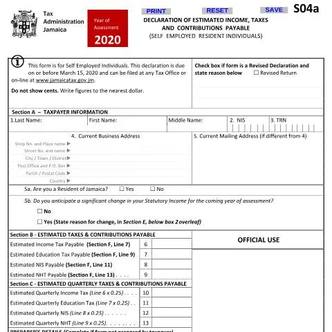 Document preview: Understanding Jamaica's S04a 03012020 Income and Tax Declaration — Government & admin (CERFA n°S04a_03012020)