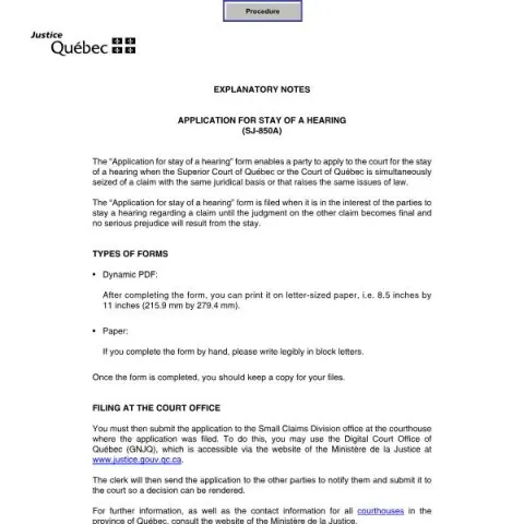 Document preview: How to Request a Stay of a Hearing in Québec — Legal & justice (SJ-850A)
