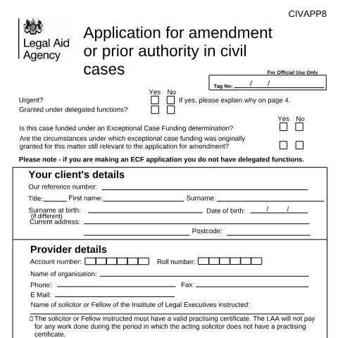 Document preview: How to Apply for Civil Legal Aid Amendments Using CIV APP8 — Legal & justice