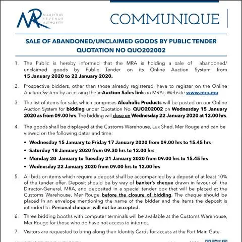 Document preview: Engage in the Sale of Unclaimed Goods in Mauritius — Government & admin (Communique02of2020)