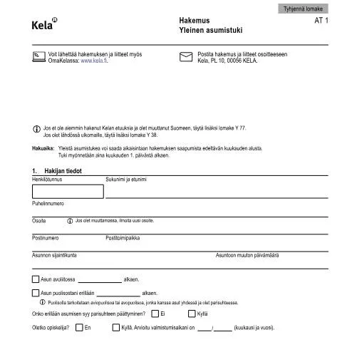 Document preview: Yleinen asumistuki ja sen hakeminen Kela AT 1 -lomakkeella — Asuminen (CERFA n°Kela AT 1)