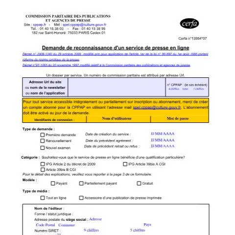 Aperçu du document Demande de reconnaissance d'un service de presse en ligne — Consommation (CERFA n°13954*07)