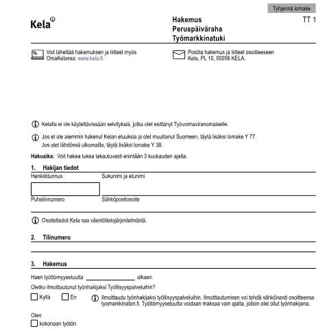 Document preview: Työttömyysturvan hakeminen Kela TT 1 -lomakkeella — Työ & työllisyys (CERFA n°Kela TT 1)