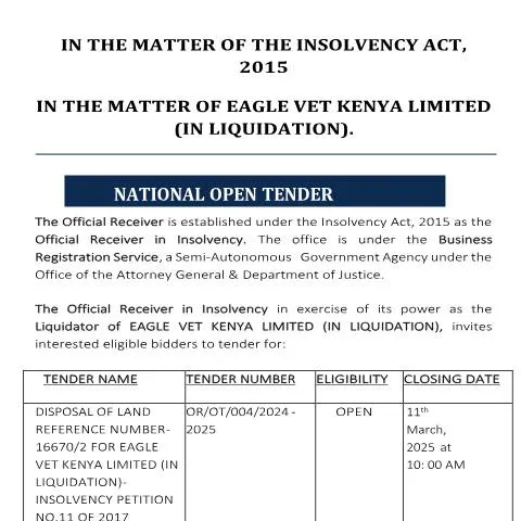 Document preview: Key Insights into Eagle Vet Kenya Limited's Tender Notice — Government & admin (CERFA n°TENDER-NOTICE-EAGLE-VET-KENYA-LIMITED)
