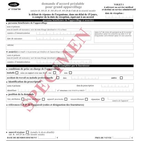 Aperçu du document Accord préalable grand appareillage : procédure et formulaire 11164*04 — Santé (CERFA n°11164*04)