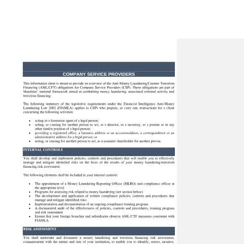 Document preview: Mauritian CSP AML/CFT Guidance Overview — Legal & justice (CERFA n°CSP-Fact-Sheet-20-May-2020)