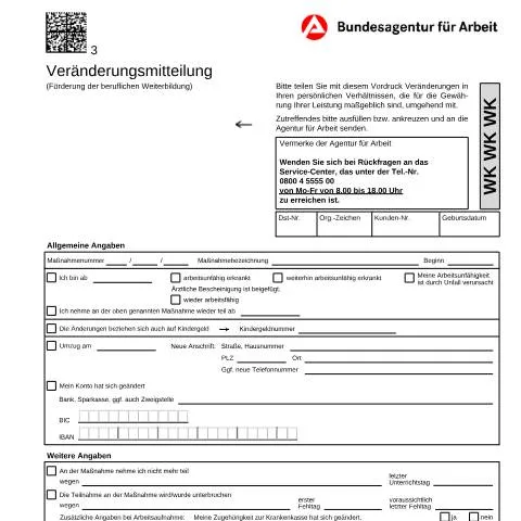 Dokumentvorschau: Wichtige Änderungsmitteilung für Weiterbildungsteilnehmer — Arbeit & Beschäftigung (CERFA n°veraenderungsmitteilung_ba022410)