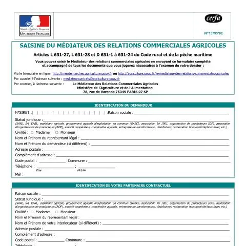 Aperçu du document Comment saisir le médiateur des relations commerciales agricoles — Consommation (CERFA n°15793*02)