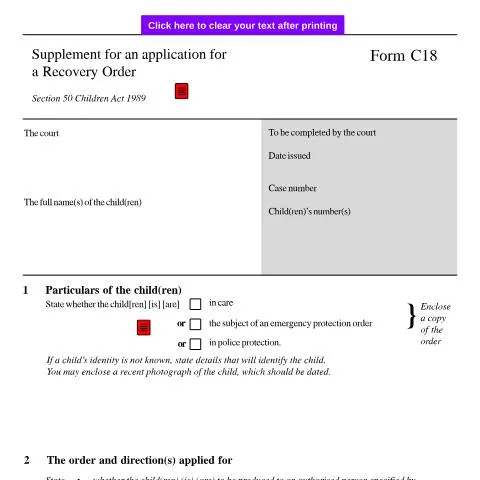 Document preview: How to Complete Form C18 for Emergency Child Recovery Orders — Legal & justice