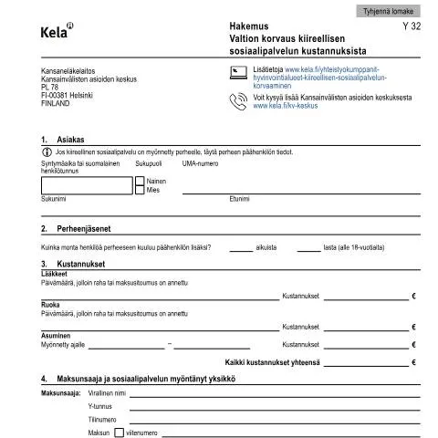 Document preview: Yksilölliset oikeudet kiireellisessä sosiaalipalvelussa — Hallinnolliset asiat (CERFA n°Kela Y 32)
