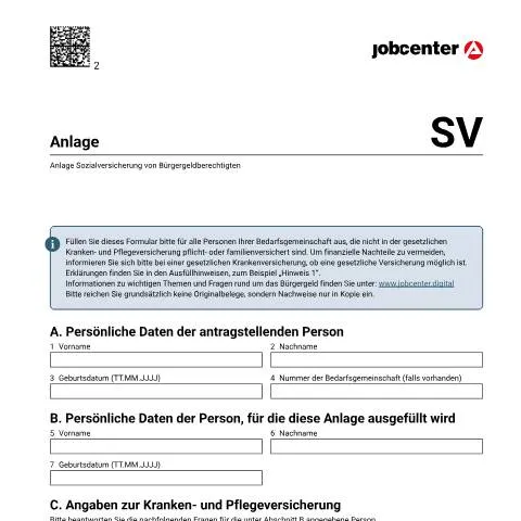 Dokumentvorschau: Anlage Sozialversicherung (SV) für Bürgergeldanträge — Gesundheit (CERFA n°anlagesv_ba033005)