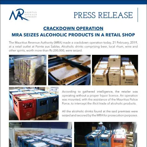 Document preview: MRA's Crackdown on Unlicensed Alcohol Sales in Mauritius — Government & admin (PressRelease210219)