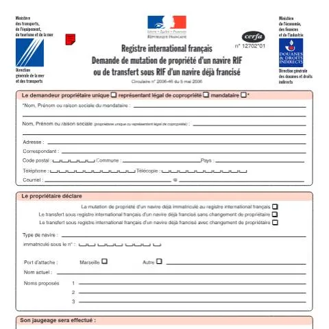 Aperçu du document Transfert de propriété maritime : démarches RIF et francisation — Démarches administratives (CERFA n°12702*01)