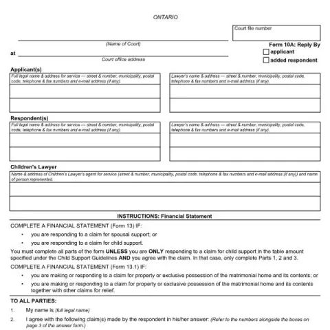 Document preview: Understanding the Ontario Courts Form 10A: Reply — Legal & justice (FLR-10A-E)