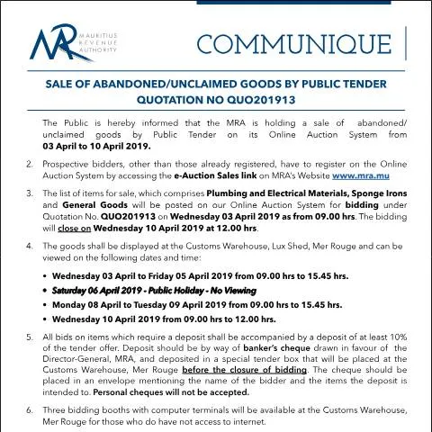 Document preview: Understanding the Sale of Unclaimed Goods in Mauritius — Government & admin (Communique13of2019)