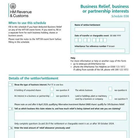 Document preview: How to Claim Business Relief on Trust Assets Using Form D38 — Taxes