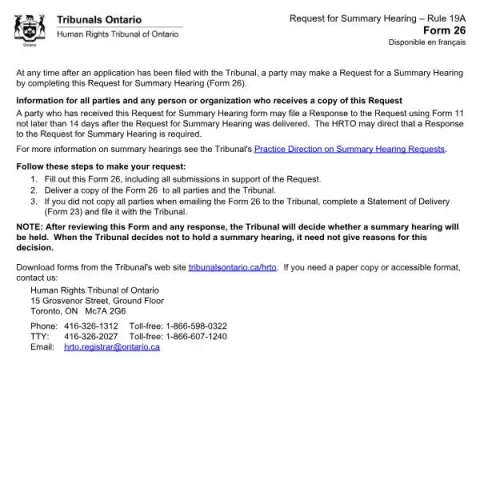Document preview: Request for Summary Hearing under Rule 19A (English / French) — Legal & justice (Form 26)
