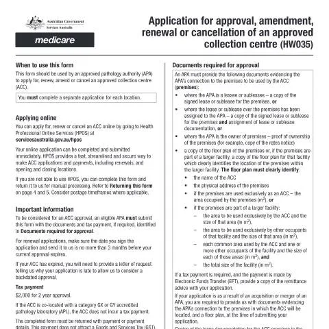 Document preview: Navigating the HW035 Application for Health Collection Centres — Health (CERFA n°HW035)