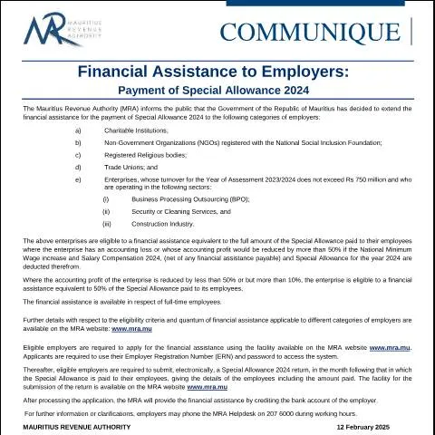 Document preview: Mauritius Announces 2024 Special Allowance Payment Support — Work & employment (CERFA n°CommuniqueFA120225)