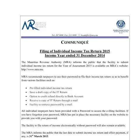 Document preview: Understanding Your 2015 Individual Income Tax Return in Mauritius — Taxes (CERFA n°CommuniqueFiling250215)