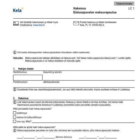 Document preview: Elatusapuvelan maksuvapautus: Tuki vanhemmille — Hallinnolliset asiat (CERFA n°Kela LC 1)
