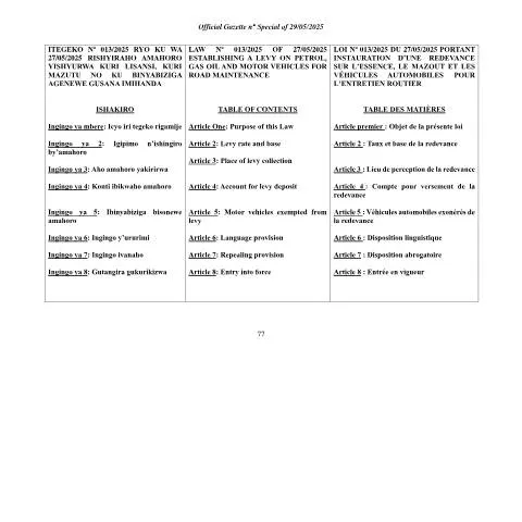 Document preview: Rwanda Law on Petrol, Gas Oil, and Motor Vehicles for Road Maintenance — Government & admin (CERFA n°Law__Petrol_and_Gas_oil_and_Motor_Vehicles_May_2025)