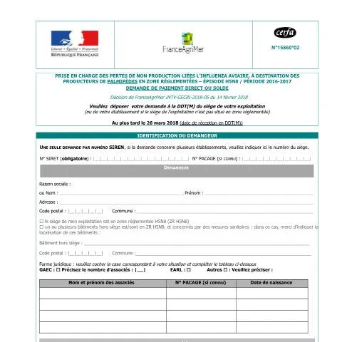 Aperçu du document Compensation financière influenza aviaire H5N8 pour éleveurs — Démarches administratives (CERFA n°15860*02)