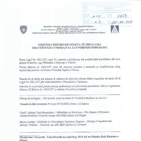 Document preview: Rëndësia e Njoftimit për Shitje me Oferta të Mbyllura — Procedura administrative