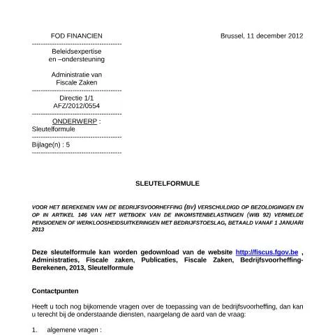 Aperçu du document Comprendre la Sleutelformule pour le précompte professionnel — Impôts & fiscalité (CERFA n°Sleutelformule 2013)