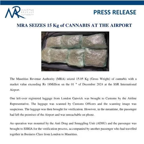 Document preview: Understanding MRA's Role in Cannabis Seizure at SSR Airport — Government & admin (PressRelease031224)