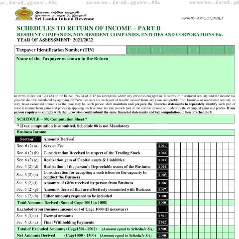 Document preview: Understanding Schedules to Return of Income , Part B in Sri Lanka — Taxes (CERFA n°Asmt_CIT_002B_2021)