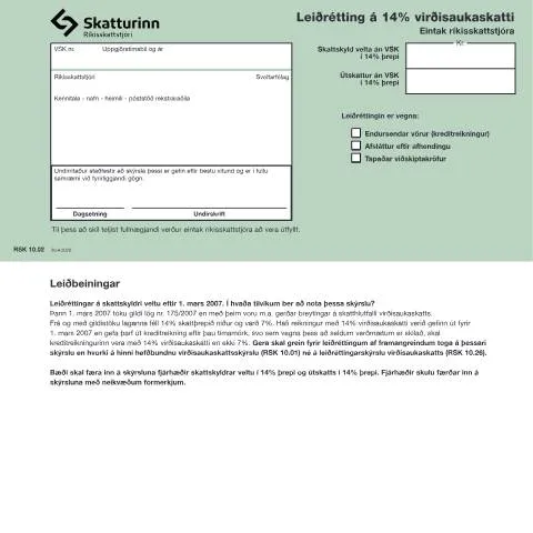 Document preview: Hvernig á að leiðrétta 14% virðisaukaskatt? — Skattar & fjármál (CERFA n°RSK 10.02)