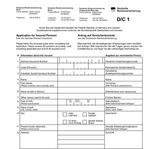 Dokumentvorschau: Antrag auf Versichertenrente – Englische Version — Rente & Pension (A5222)