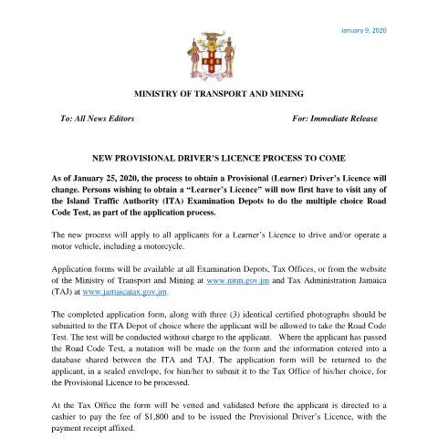 Document preview: Understanding the New Provisional Driver's Licence Process in Jamaica — Vehicle & driving (CERFA n°NEW_ROVISIONAL_DRIVER’S_LICENCE_PROCESS_TO_COME)