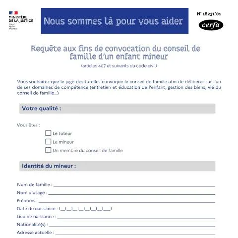 Aperçu du document Demander la convocation du conseil de famille d'un mineur — État civil & identité (CERFA n°16231*01)
