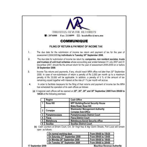 Document preview: Understanding Income Tax Filing in Mauritius — Taxes (CERFA n°CommuniqueCentres_180908)