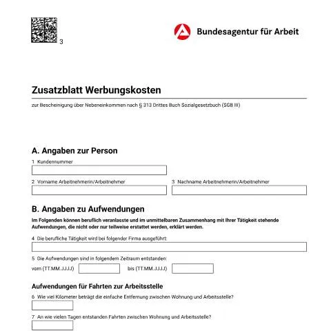 Dokumentvorschau: Wichtige Informationen zum Zusatzblatt Werbungskosten — Arbeit & Beschäftigung (CERFA n°zb-werbungskosten_ba037360)