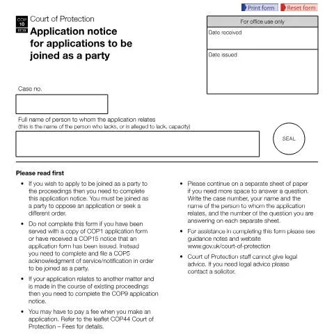 Document preview: How to Apply as a Party in Court of Protection Cases Using COP10 — Legal & justice