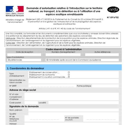 Aperçu du document Demande d'autorisation pour espèces exotiques envahissantes — Démarches administratives (CERFA n°15916*02)