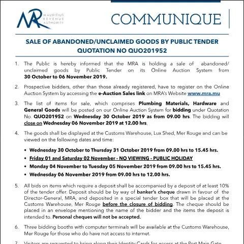 Document preview: Official Notice of Public Sale of Abandoned and Unclaimed Goods by — Government & admin (Communique52of2019)