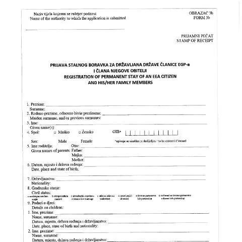 Document preview: Obrazac 3B za prijavu stalnog boravka u Hrvatskoj — Imigracija i vize (CERFA n°OBRAZAC 3B)