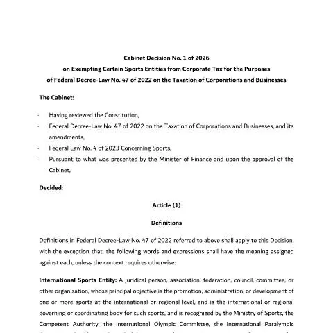 Document preview: UAE Cabinet Decision No.1 of 2026: Tax Exemption for Sports Entities — Taxes (CERFA n°Cabinet Decision No.1 of 2026)